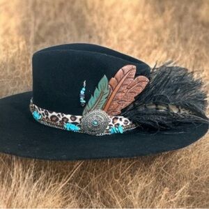 Black Hat with Feather and Turquoise Accents